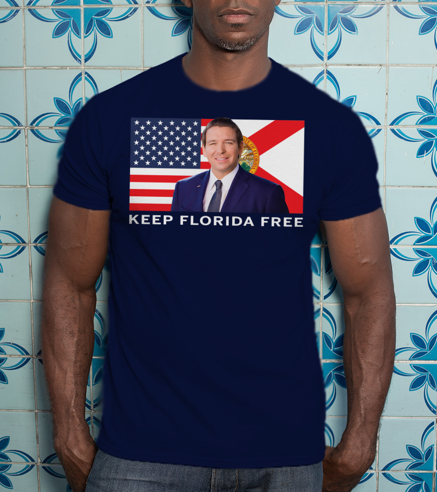 Keep Florida Free American Flag Portrait Navy Fine Jersey T-Shirt