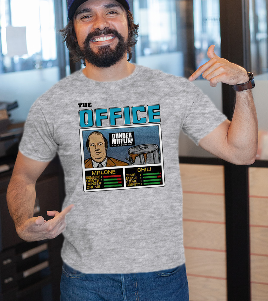 The Office Dunder Mifflin Kevin Malone Chili Numbers Debts Hunger Drums Time Mess Fame Gravity T-Shirt