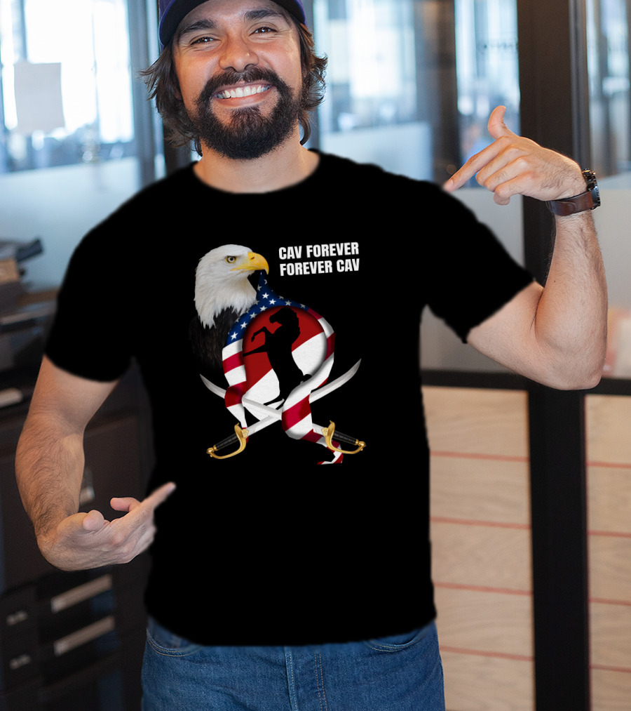 Cav Forever Forever Cav Bald Eagle American Flag Horse Swords T-Shirt