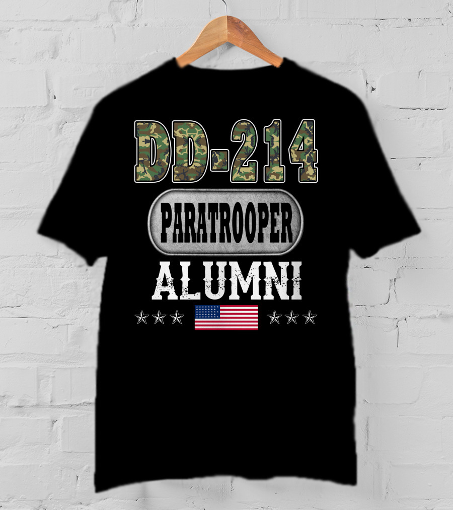 Dd-214 Paratrooper Alumni American Flag Camouflage Stars T-Shirt
