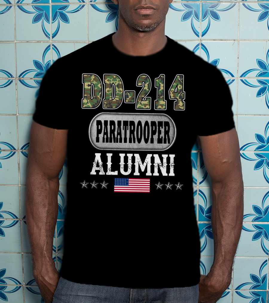 Dd-214 Paratrooper Alumni American Flag Camouflage Stars T-Shirt