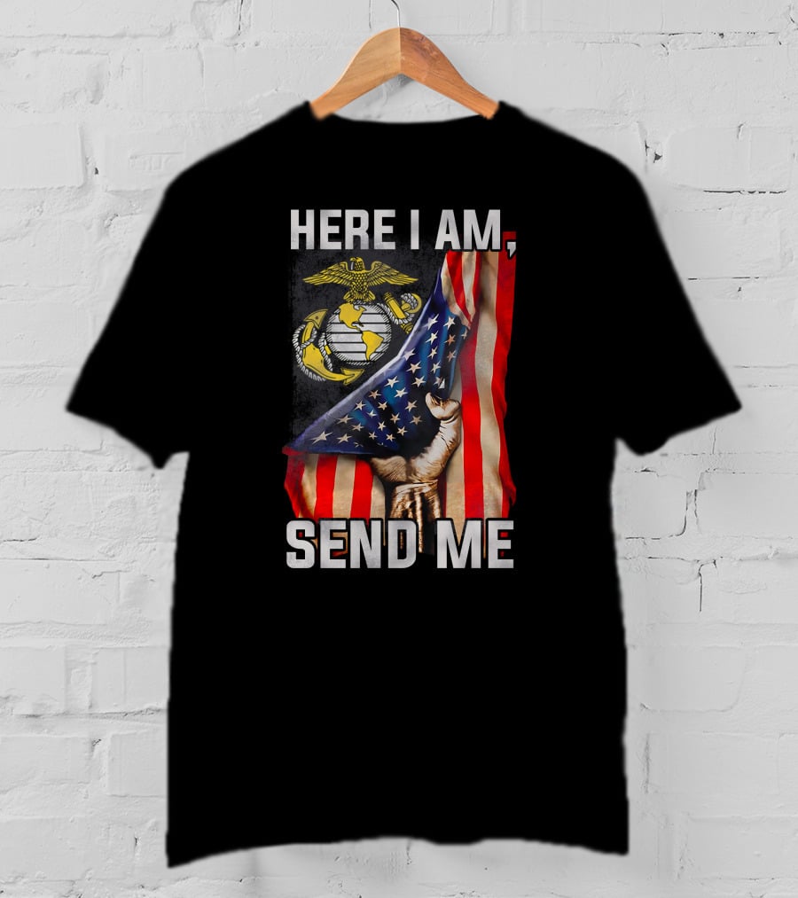 Here I Am Send Me Us Marine Corps American Flag T-Shirt