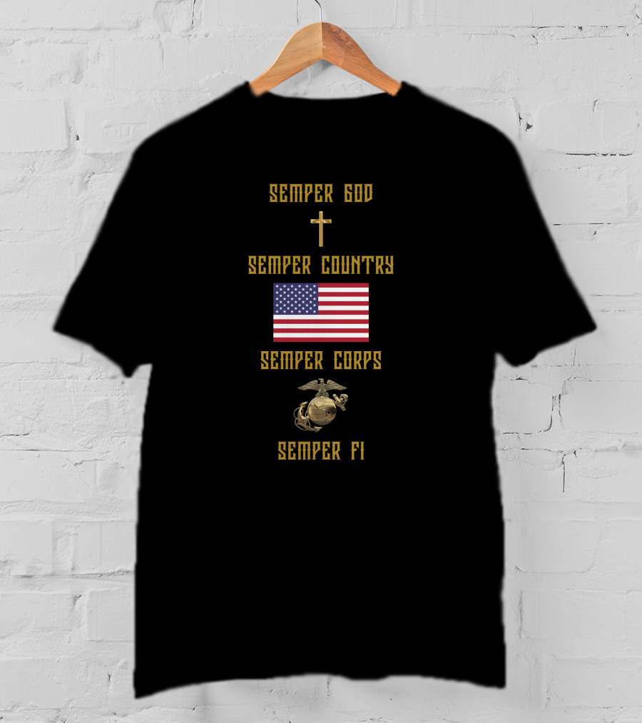 Semper God Country Corps Fi American Flag Eagle Globe Anchor Cross T-Shirt