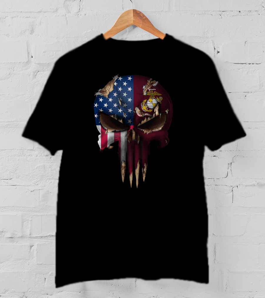 Patriotic Us Flag Skull With Marine Corps T-Shirt