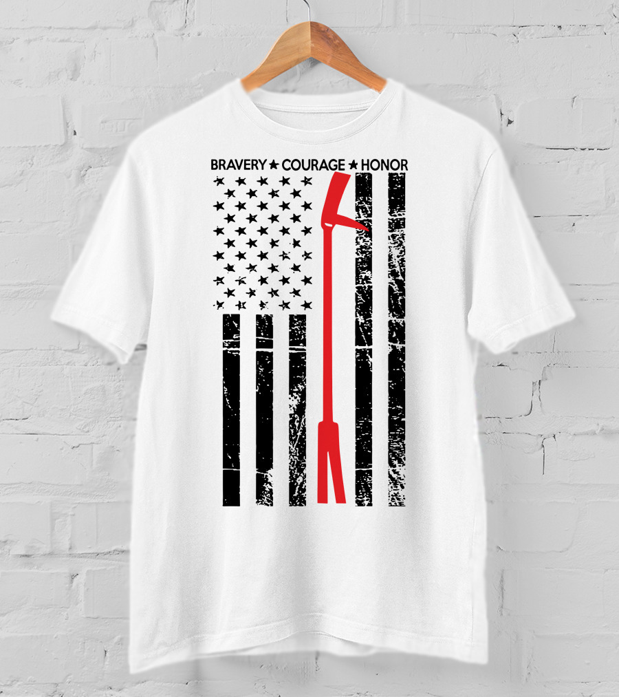 BRAVERY COURAGE HONOR Firefighter Flag With Red Halligan Tool T-Shirt