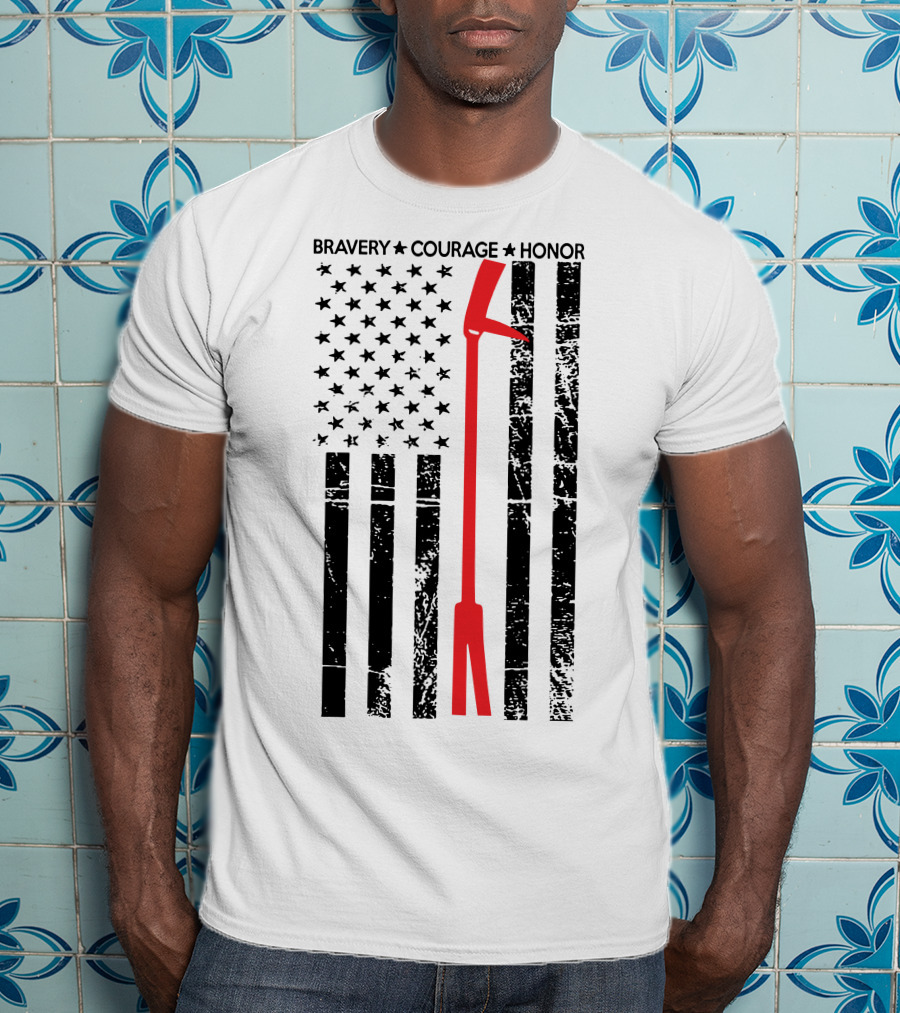 BRAVERY COURAGE HONOR Firefighter Flag With Red Halligan Tool T-Shirt
