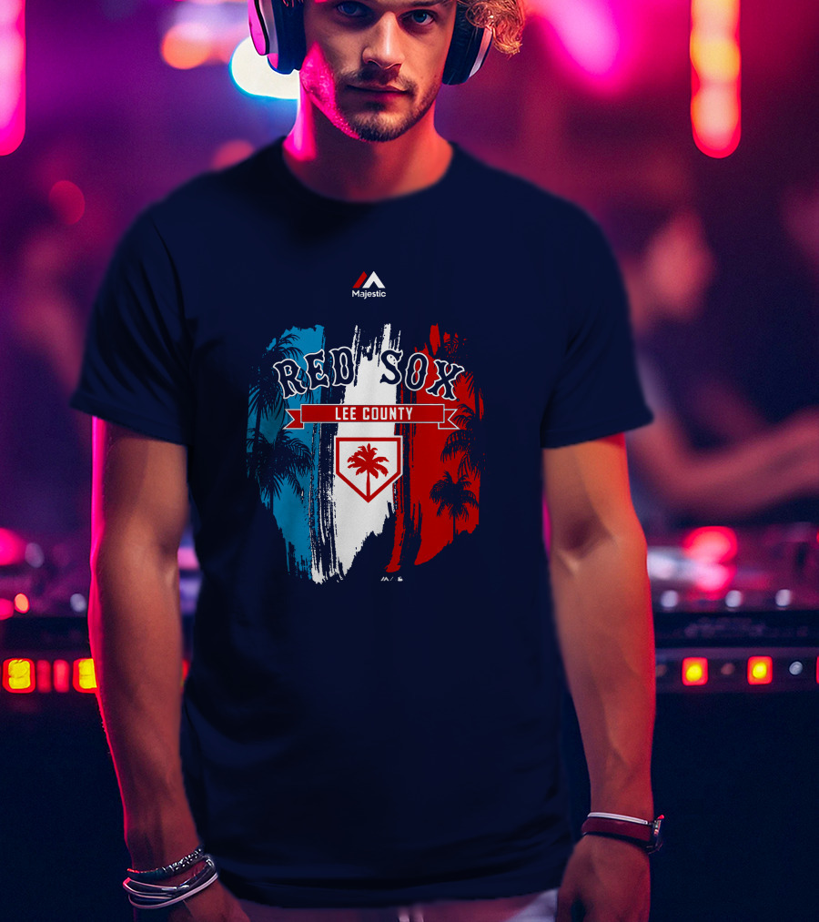 Majestic Red Sox Lee County Mookie Betts Palm Tree Blue Red White T-Shirt