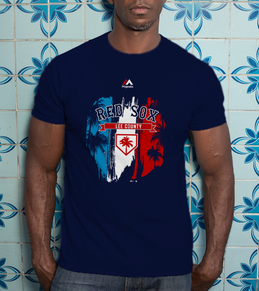 Majestic Red Sox Lee County Mookie Betts Palm Tree Blue Red White T-Shirt