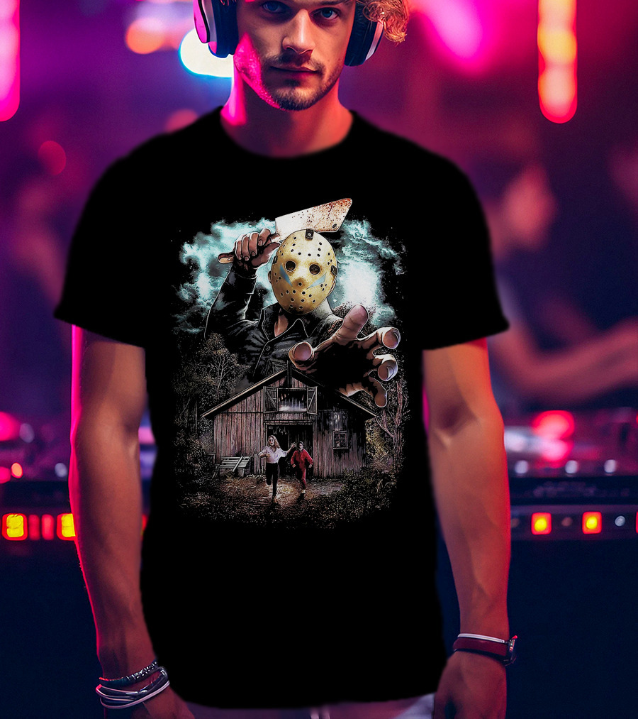 Friday The 13th Jason Voorhees Mask And Cabin Scene T-Shirt