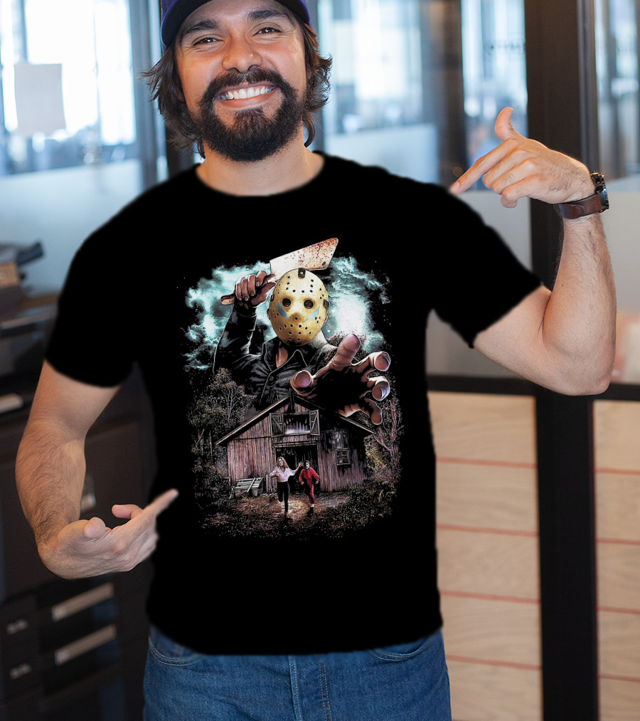 Friday The 13th Jason Voorhees Mask And Cabin Scene T-Shirt