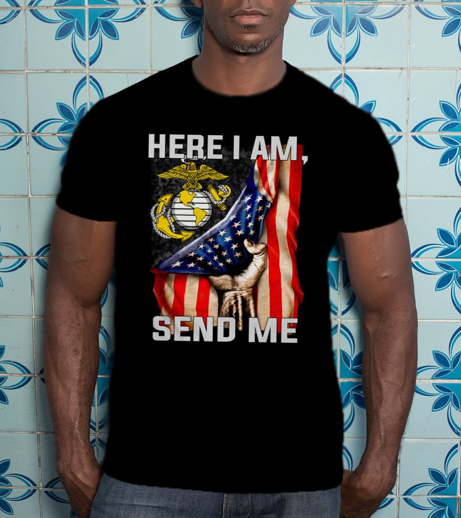Here I Am Send Me US Marine Corps Eagle Globe Anchor American Flag T-Shirt