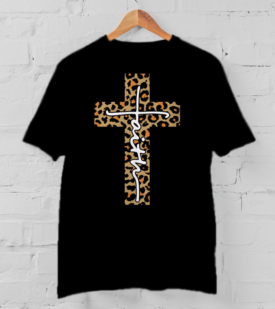 FAITH GUUZ Leopard Print Cross T-Shirt