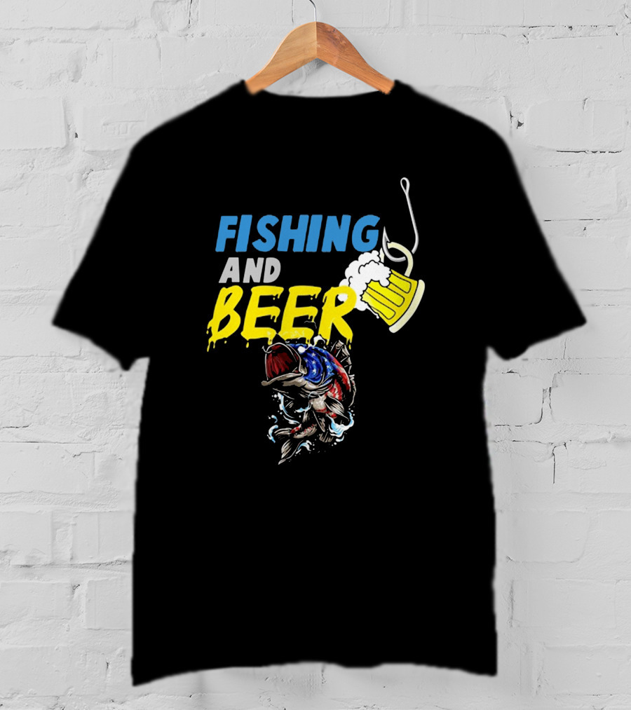 Fishing And Beer American Flag Fish Version With Mug And Hook T-Shirt