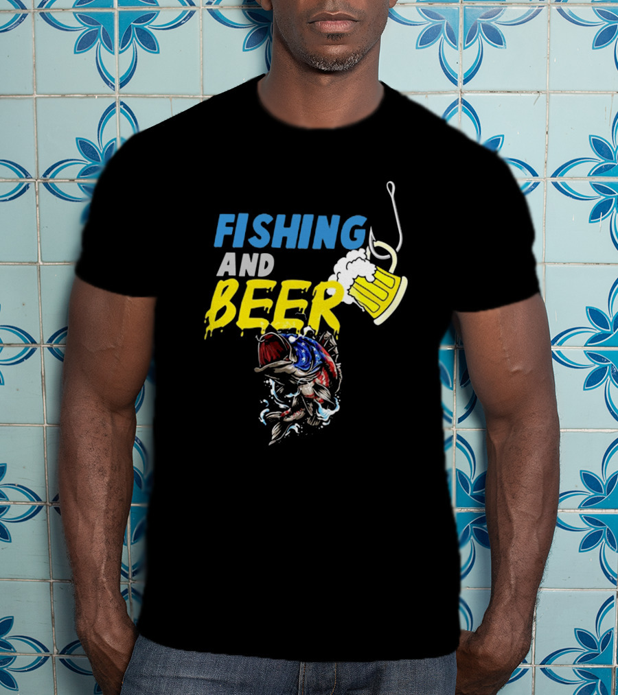 Fishing And Beer American Flag Fish Version With Mug And Hook T-Shirt