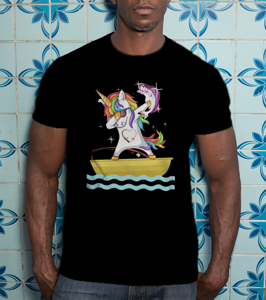 Unicorn Dabbing With Fish On Boat T-Shirt