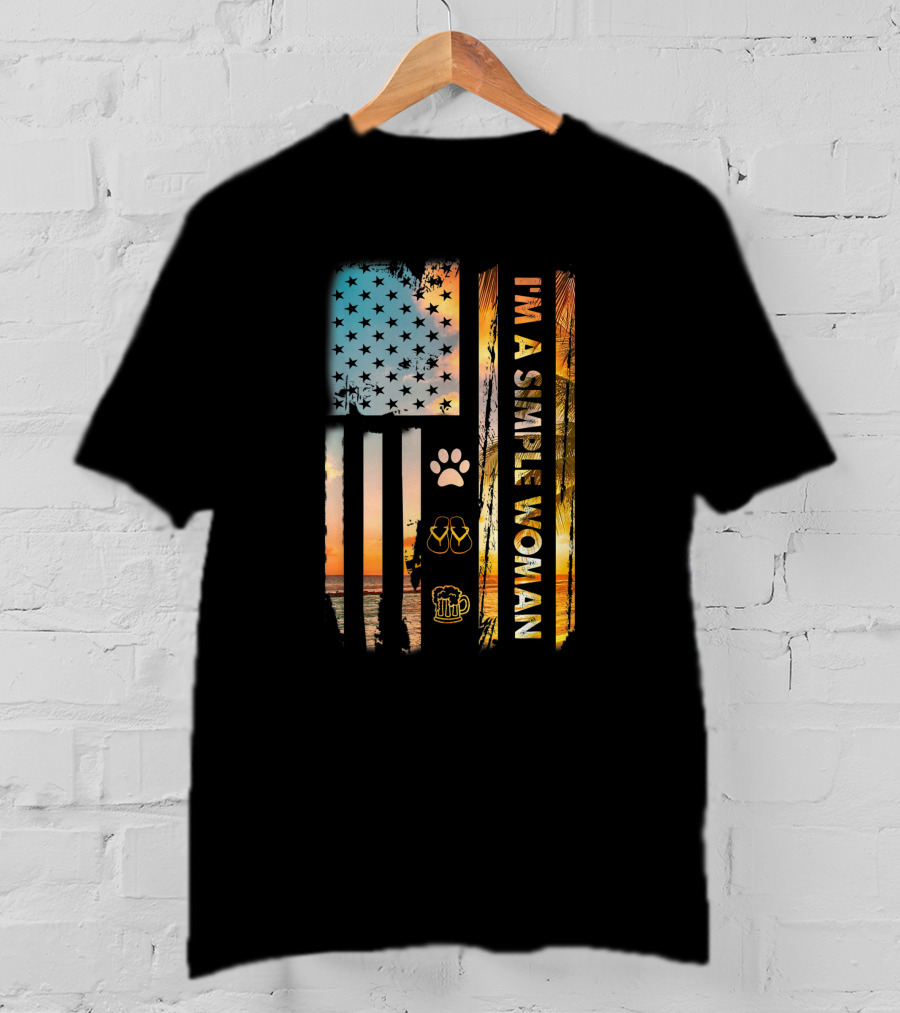I'm A Simple Woman Loves Fishing Dog Shoes Wine American Flag Sunset Beach Paw Flip Flops Beer T-Shirt