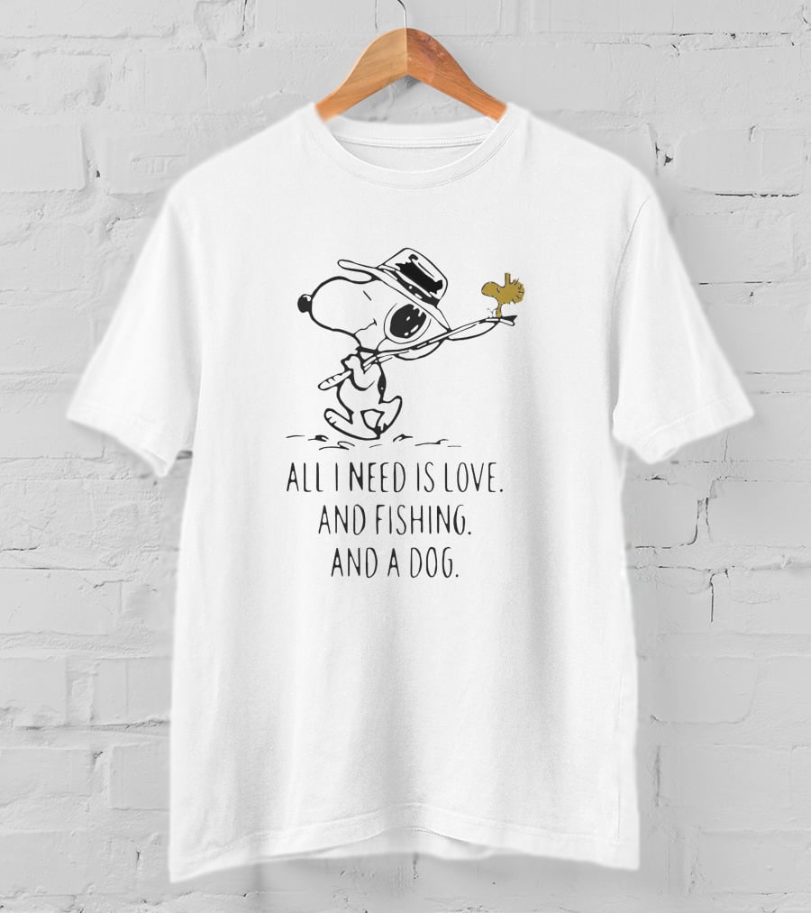 Snoopy Fishing Love Dog All I Need Is Love And Fishing And A Dog T-Shirt