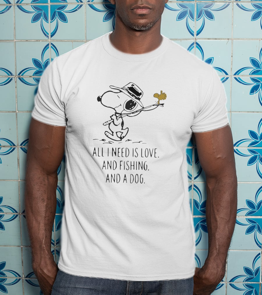 Snoopy Fishing Love Dog All I Need Is Love And Fishing And A Dog T-Shirt