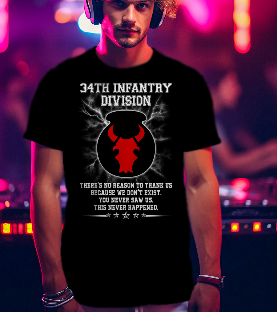 34Th Infantry Division Red Bull Skull With Lightning And Secret Message T-Shirt