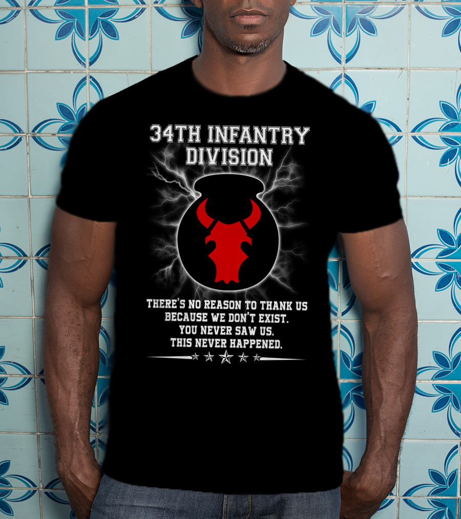 34Th Infantry Division Red Bull Skull With Lightning And Secret Message T-Shirt