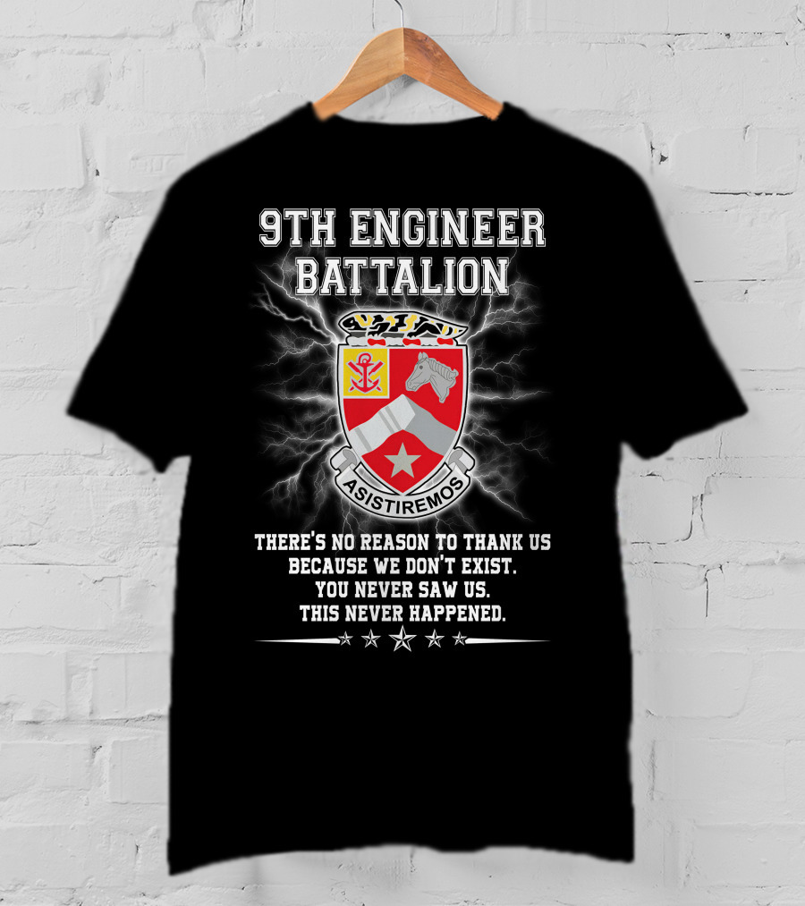9Th Engineer Battalion Asistiremos Coat Of Arms Electric Background Never Happened T-Shirt