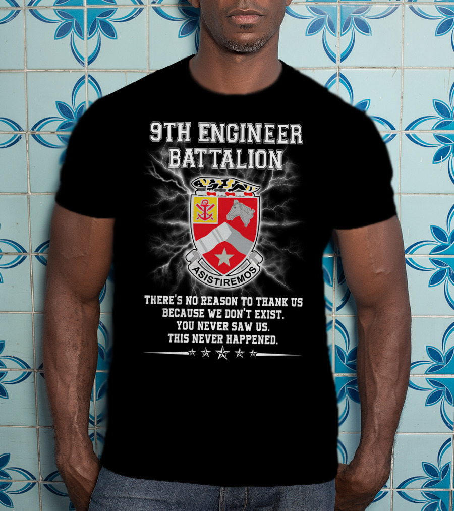 9Th Engineer Battalion Asistiremos Coat Of Arms Electric Background Never Happened T-Shirt