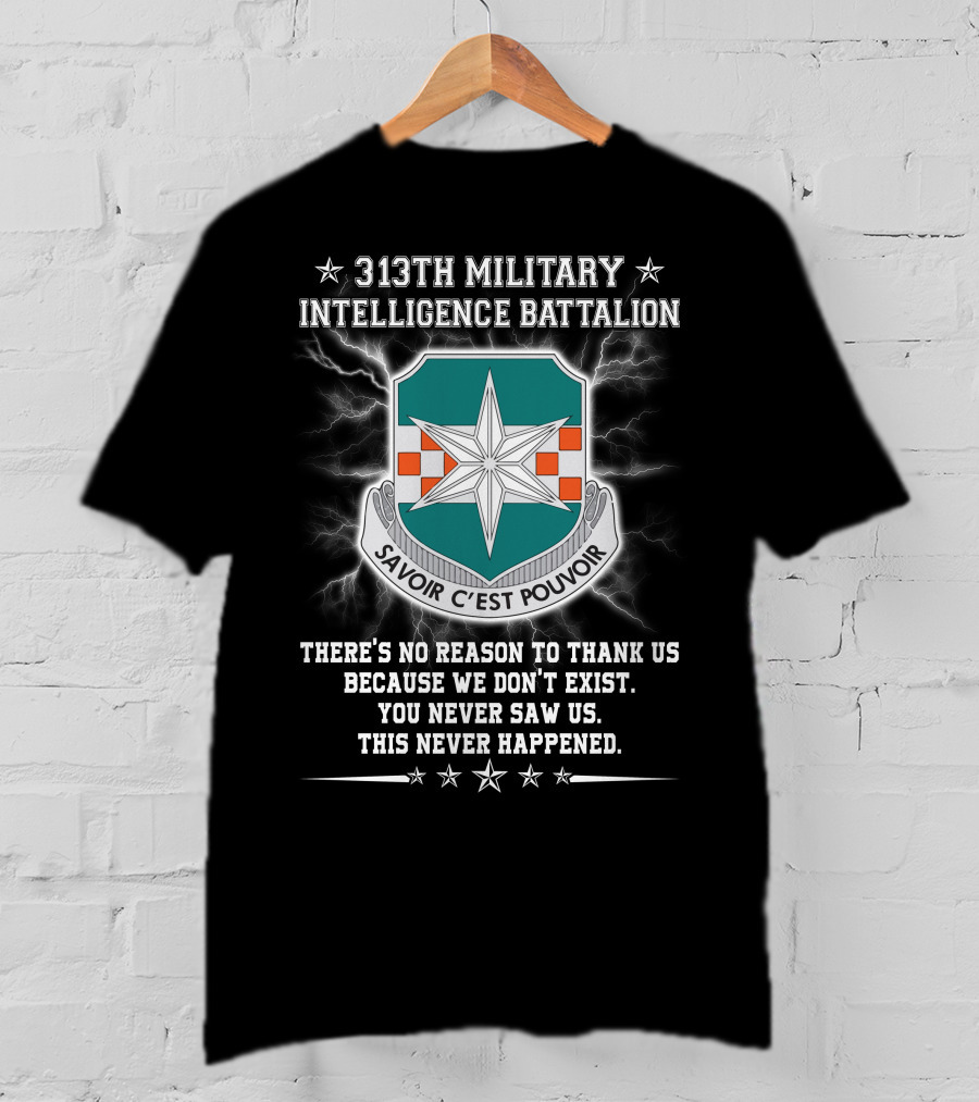 313th Military Intelligence Battalion Savoir C'est Pouvoir You Never Saw Us This Never Happened T-Shirt