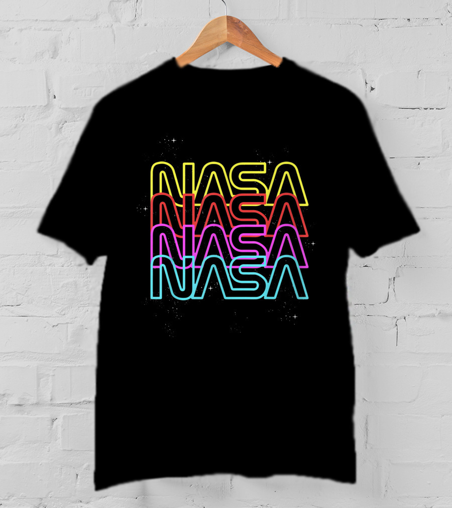 NASA Neon Rainbow Repeat Text Multicolor Stacked Space T-Shirt