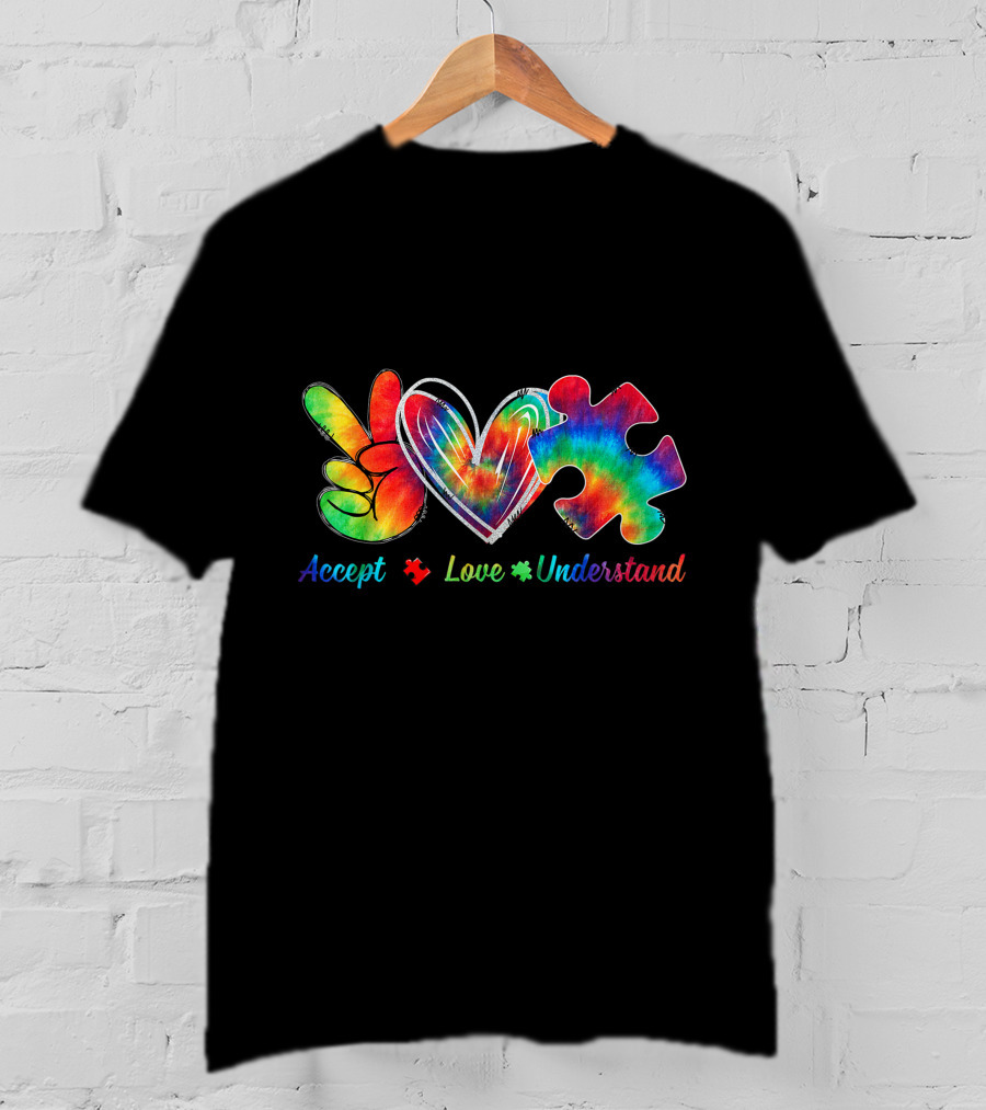 Autism Awareness Accept Understand Love Tie Dye Peace Heart Puzzle T-Shirt