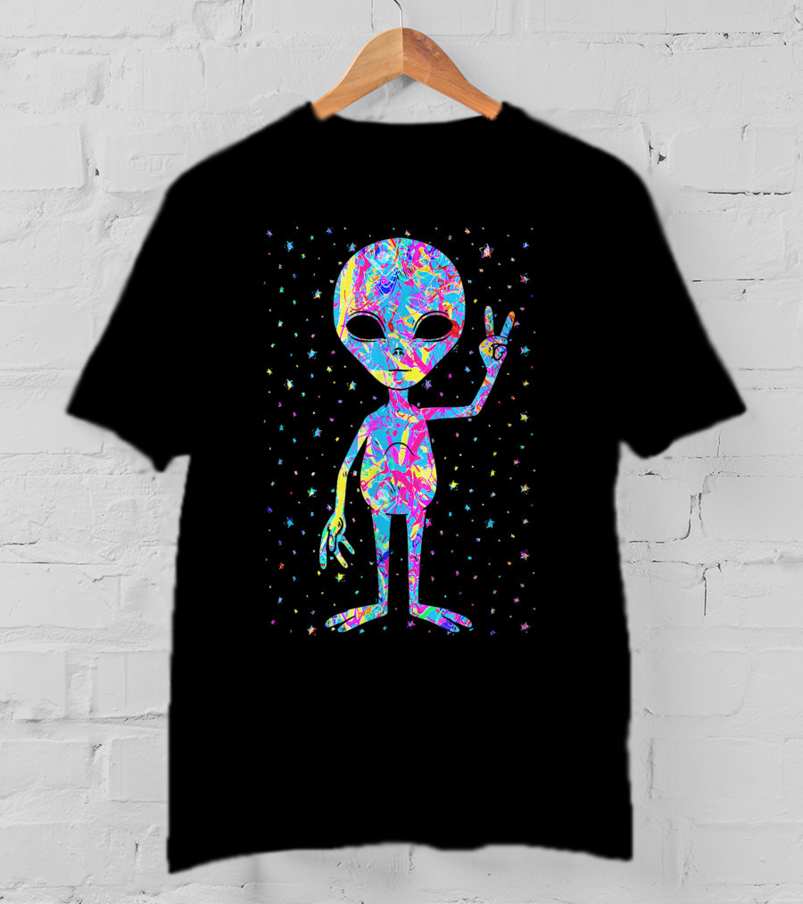 1970s Groovy Tie Dye Alien With Peace Sign T-Shirt