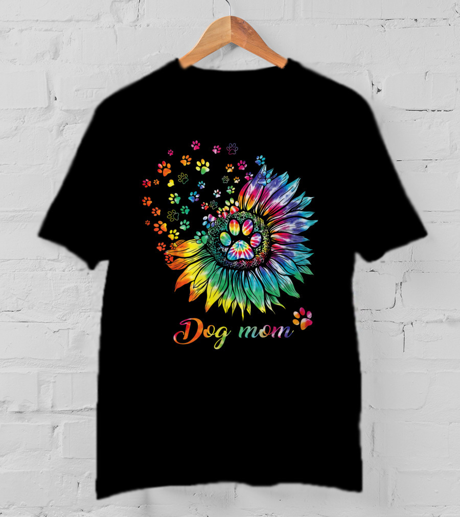 Dog Mom Tie Dye Sunflower With Paw Prints T-Shirt