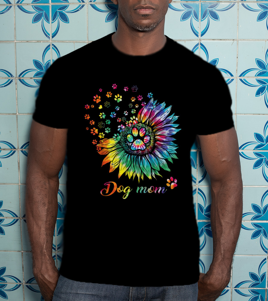 Dog Mom Tie Dye Sunflower With Paw Prints T-Shirt