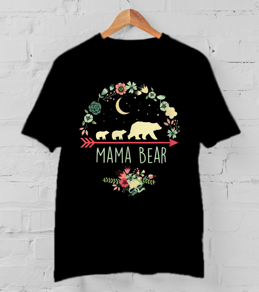 Mama Bear With Two Cubs Moon And Floral Arrow T-Shirt