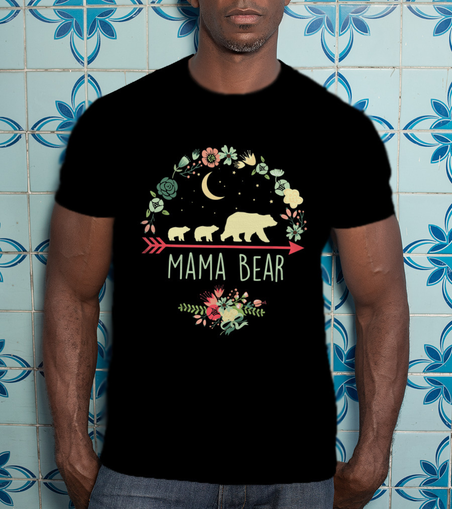 Mama Bear With Two Cubs Moon And Floral Arrow T-Shirt