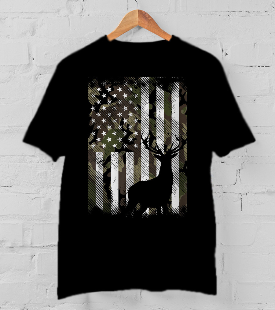 Camo American Flag With Deer Silhouette USA Hunting T-Shirt