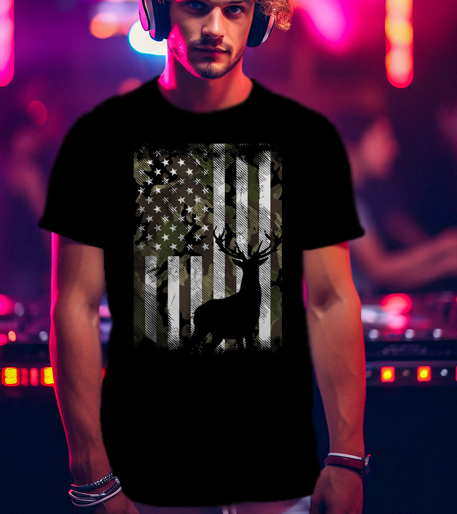 Camo American Flag With Deer Silhouette USA Hunting T-Shirt