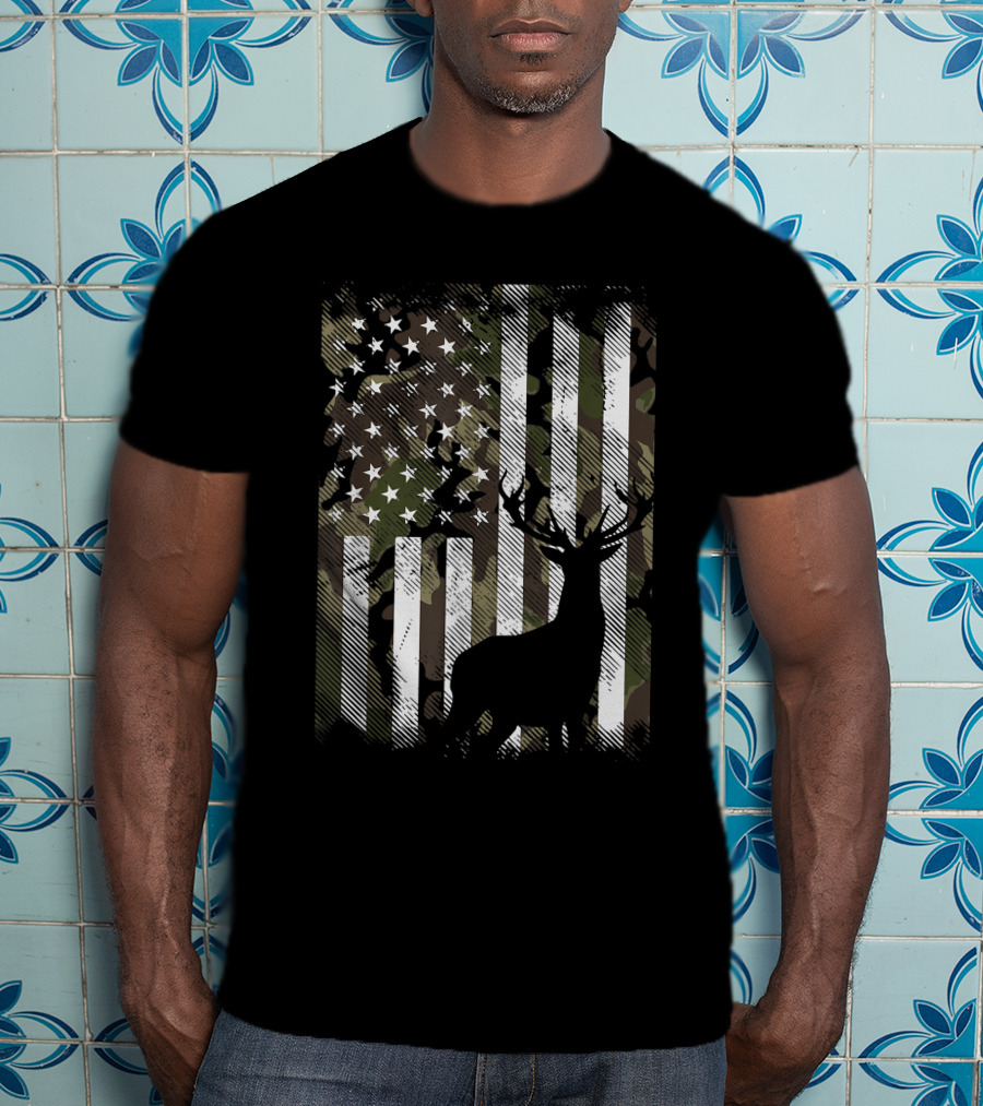 Camo American Flag With Deer Silhouette USA Hunting T-Shirt
