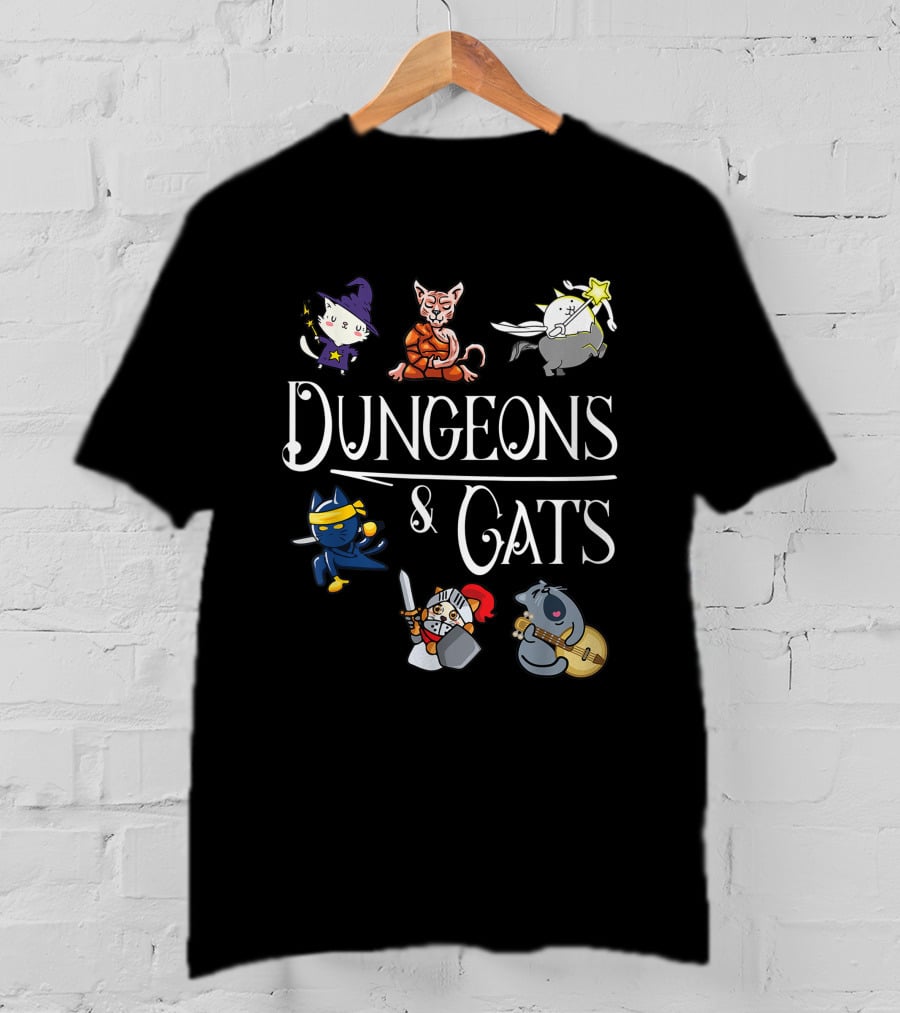 Dungeons And Cats Funny Cat Lover Cartoon Character Wizard And Warrior Adventure T-Shirt