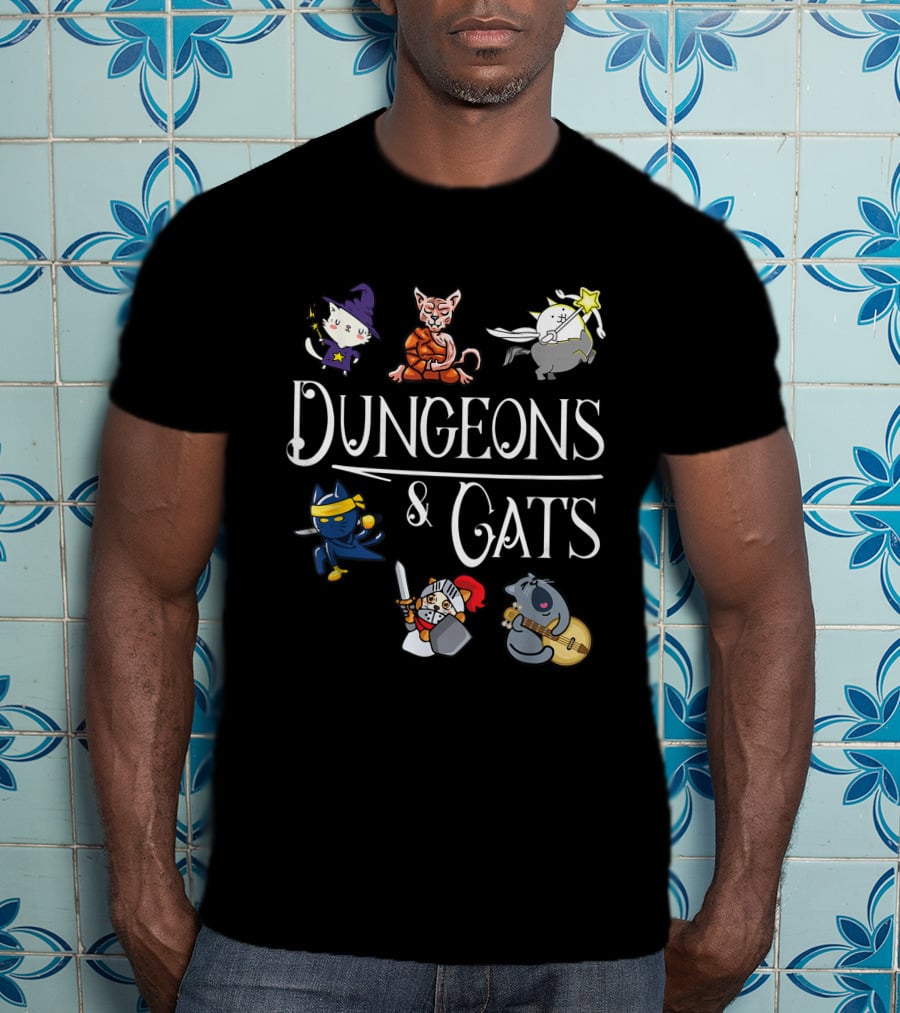 Dungeons And Cats Funny Cat Lover Cartoon Character Wizard And Warrior Adventure T-Shirt