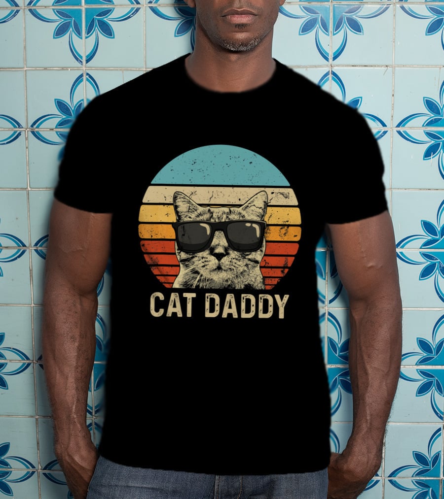 Mens Vintage Cat Daddy Funny Cat Lover Cat Dad Fathers Retro Sunglasses Cat T-Shirt