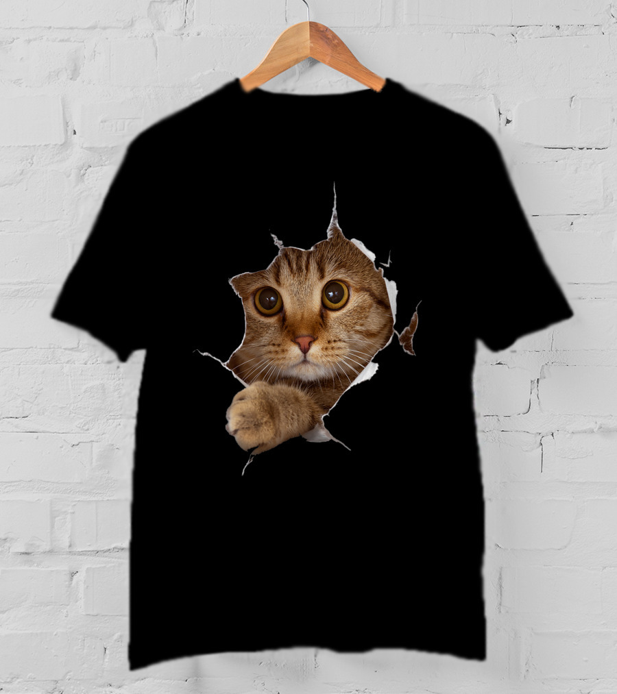 Sweet Kitten Torn Cloth Funny Cat Lover Cat Owner Cat Lady Peeking Cat Through Rip T-Shirt