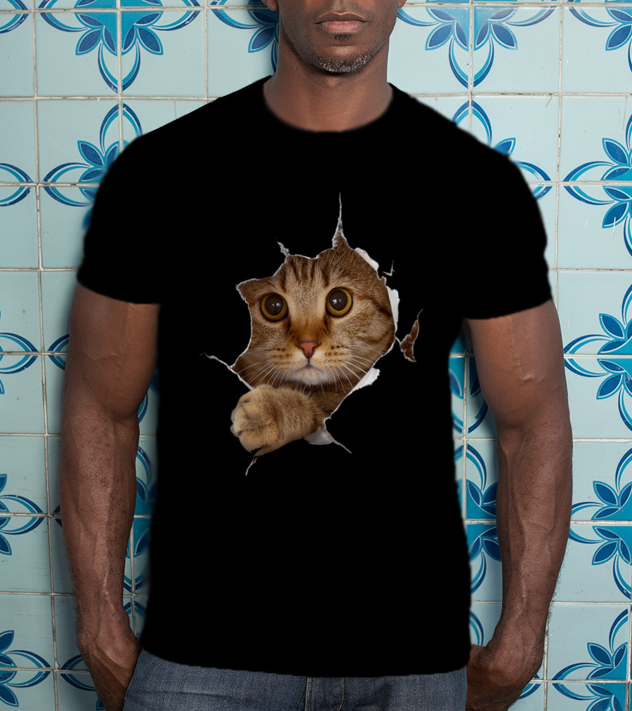 Sweet Kitten Torn Cloth Funny Cat Lover Cat Owner Cat Lady Peeking Cat Through Rip T-Shirt
