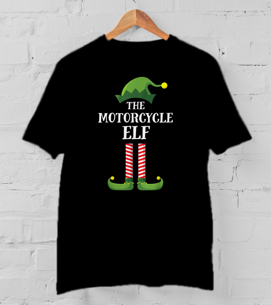 The Motorcycle Elf Green Hat Red Striped Legs Christmas Party Matching Family Group T-Shirt