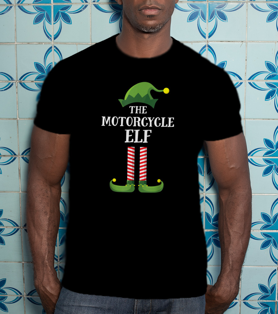 The Motorcycle Elf Green Hat Red Striped Legs Christmas Party Matching Family Group T-Shirt