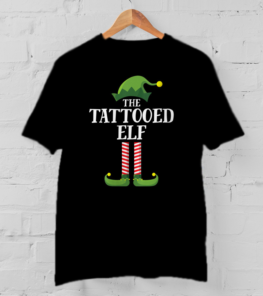 Tattooed Elf V-Neck Christmas Pajama Matching Family Group Party T-Shirt