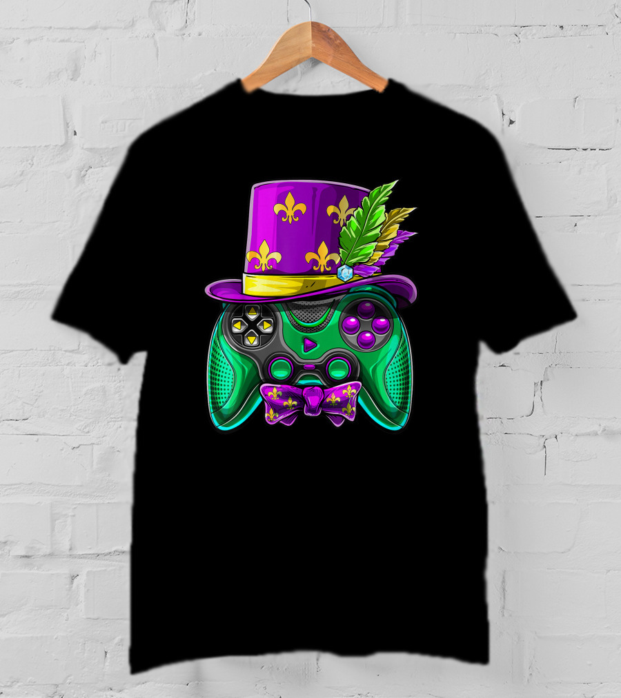 Mardi Gras Fleur-de-Lis Video Game Controller Jester Hat Bow Tie T-Shirt