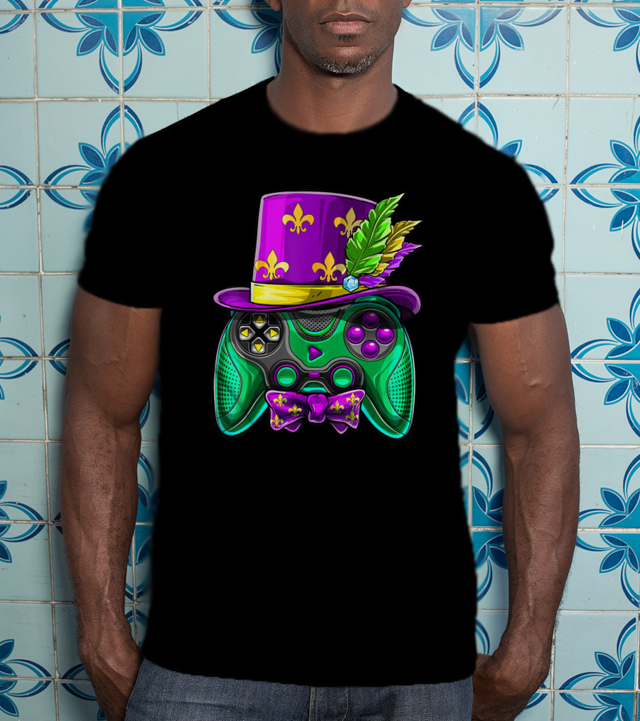 Mardi Gras Fleur-de-Lis Video Game Controller Jester Hat Bow Tie T-Shirt