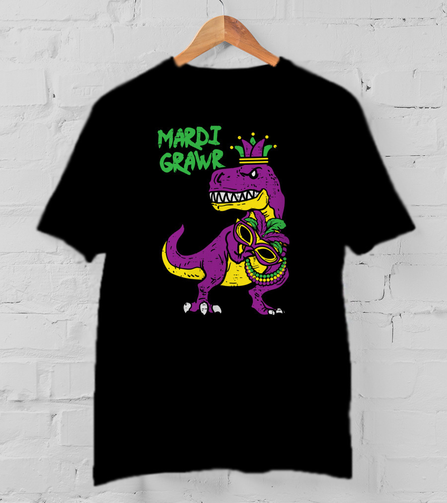 Mardi Grawr Jester Trex Dinosaur With Mask And Beads T-Shirt