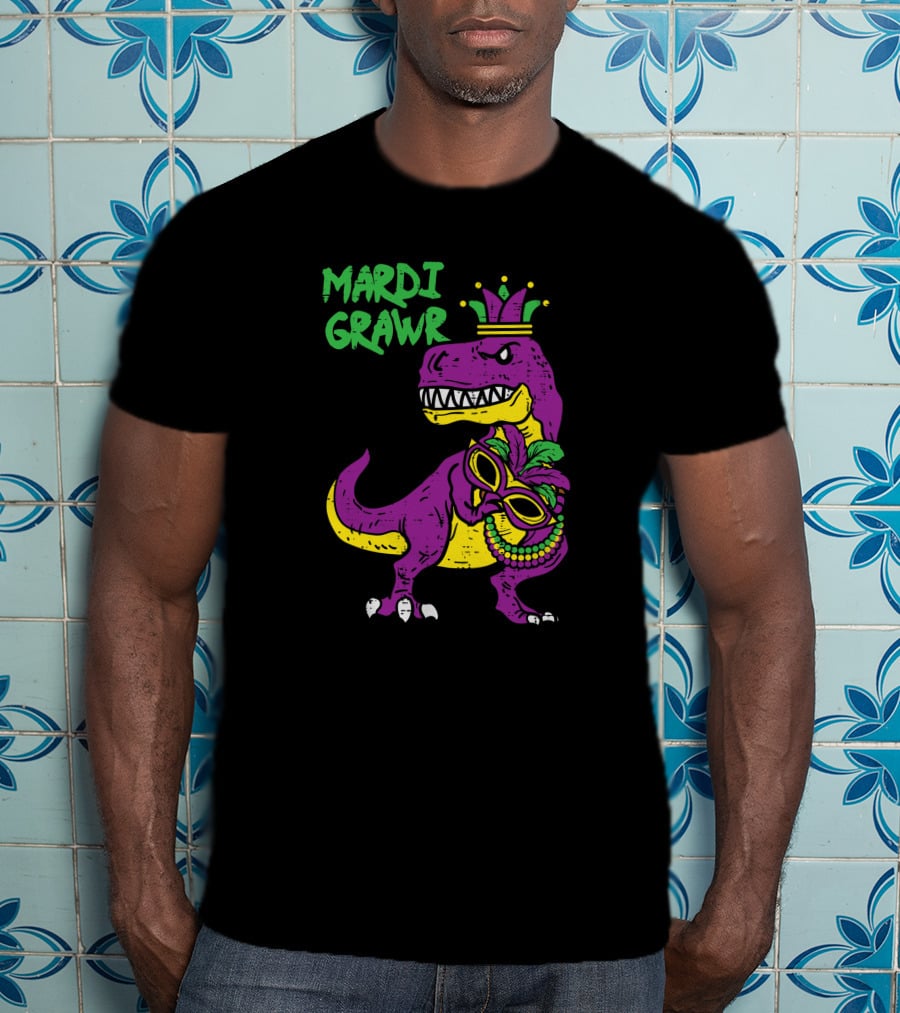 Mardi Grawr Jester Trex Dinosaur With Mask And Beads T-Shirt