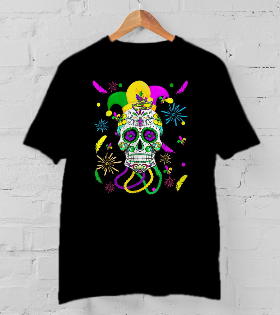 Sugar Skull Carnival Mask Jester Hat Mardi Gras Celebrations T-Shirt